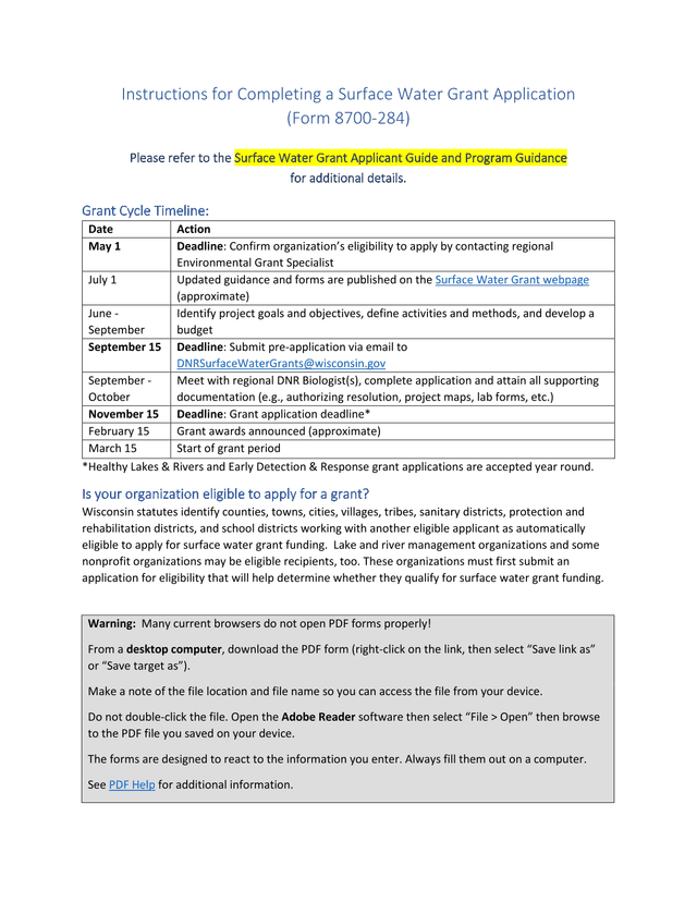 Surface Water Grant Application (Form 8700 284) screenshot
