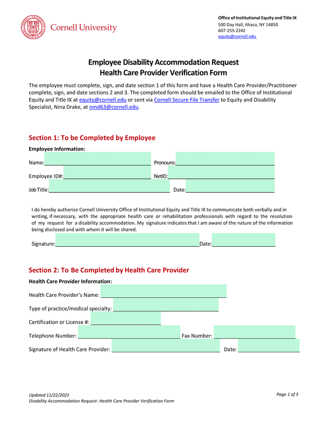 Employee Disability Accommodation Request   Health Care Provider Verification Form screenshot
