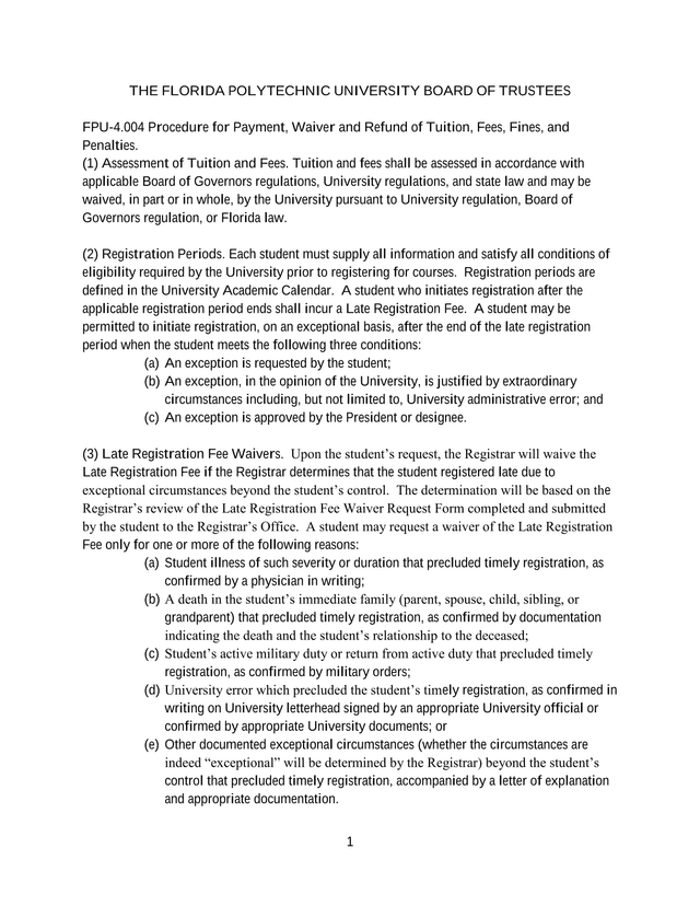FPU 4.004 Procedure For Payment, Waiver And Refund Of Tuition, Fees, Fines, And Penalties screenshot