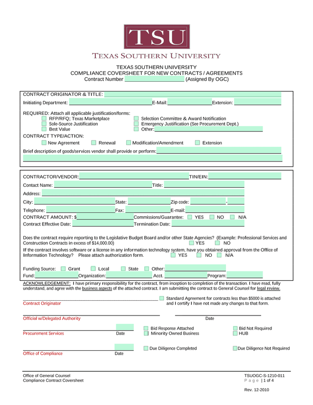 Texas Southern University Compliance Coversheet For New Contracts  Agreements screenshot