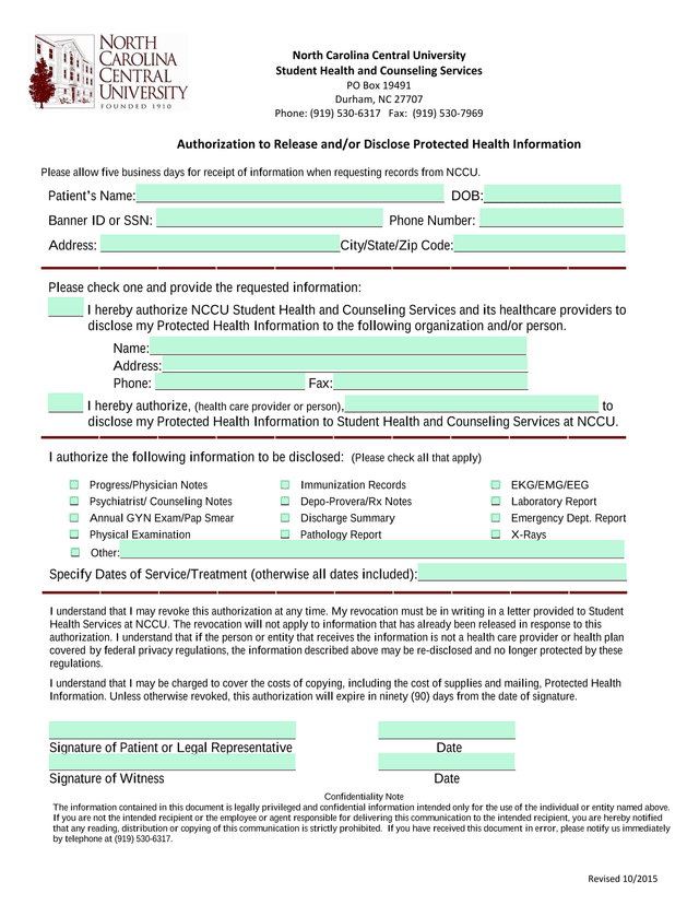 Authorization To Release AndOr Disclose Protected Health Information screenshot