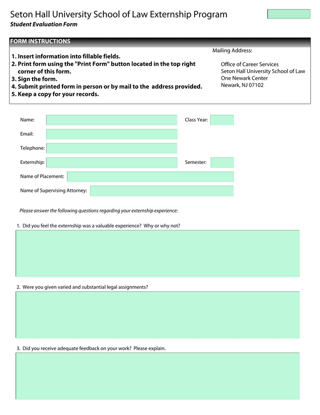 Seton Hall University School Of Law Externship Program Student Evaluation Form screenshot