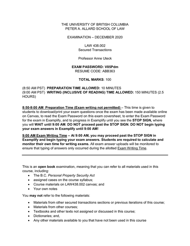 LAW 438.002 Secured Transactions Exam screenshot