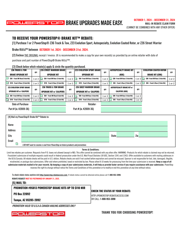 PowerStop Brake Kit Rebate Claim Form screenshot