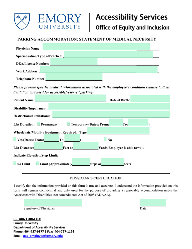 PARKING ACCOMMODATION STATEMENT OF MEDICAL NECESSITY screenshot