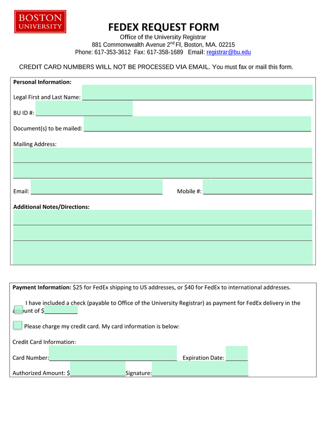 FEDEX REQUEST FORM screenshot