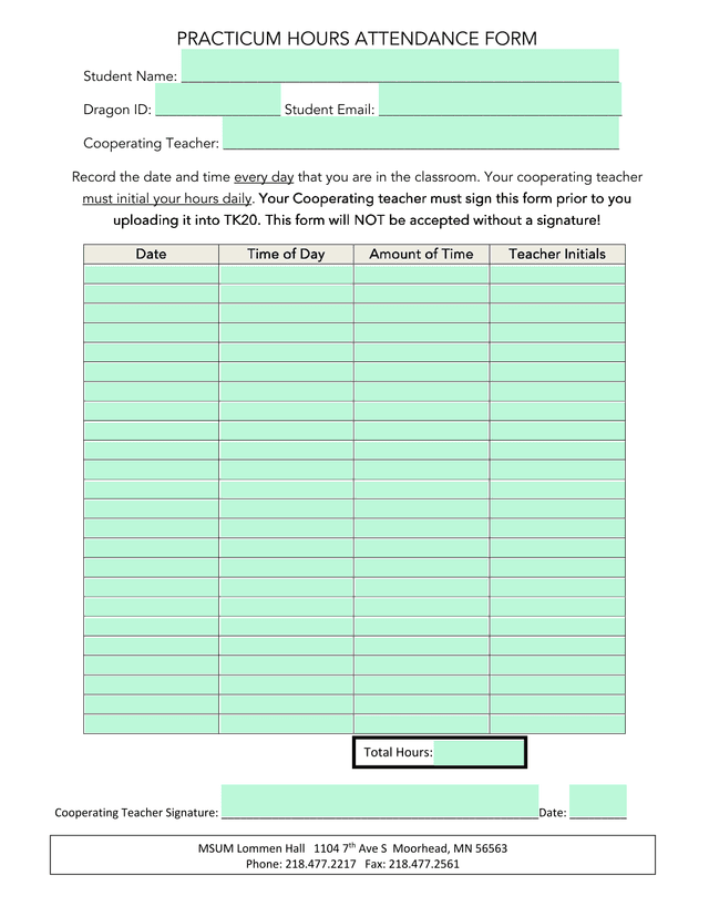 Practicum Hours Attendance Form screenshot