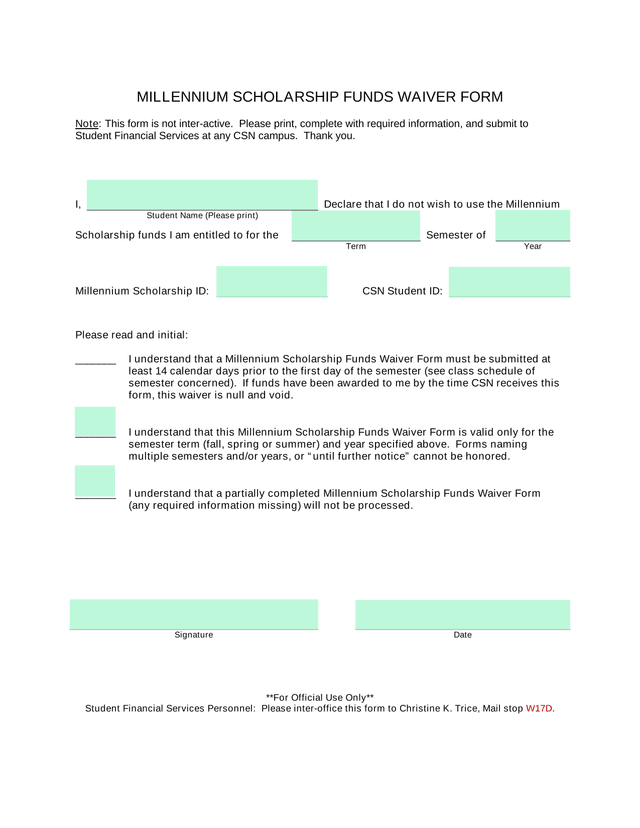 Millennium Scholarship Funds Waiver Form screenshot