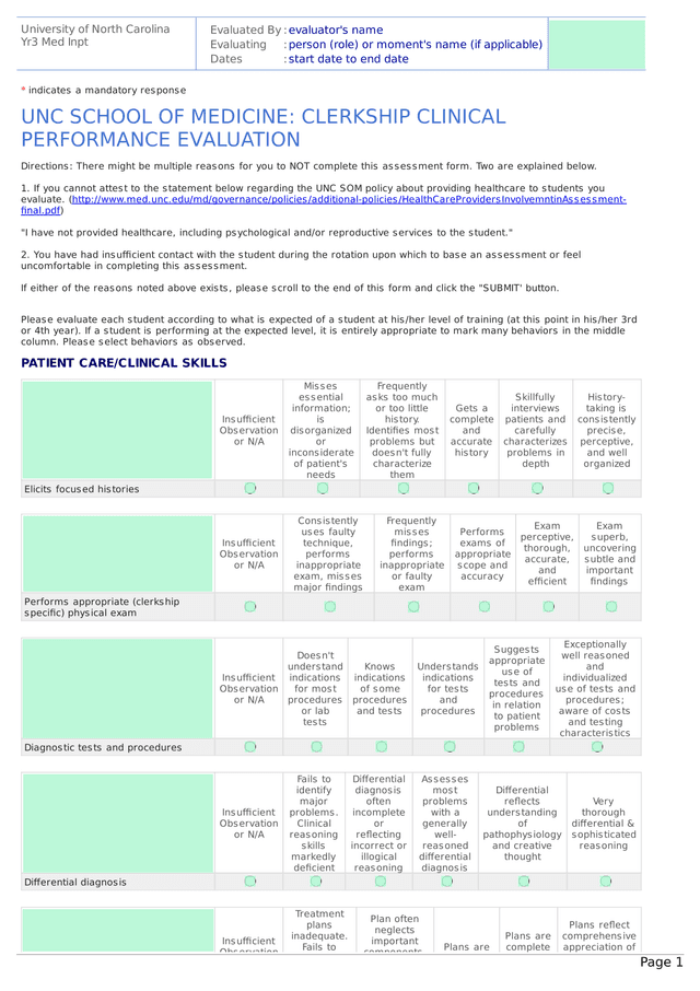 UNC School Of Medicine Clerkship Clinical Performance Evaluation screenshot
