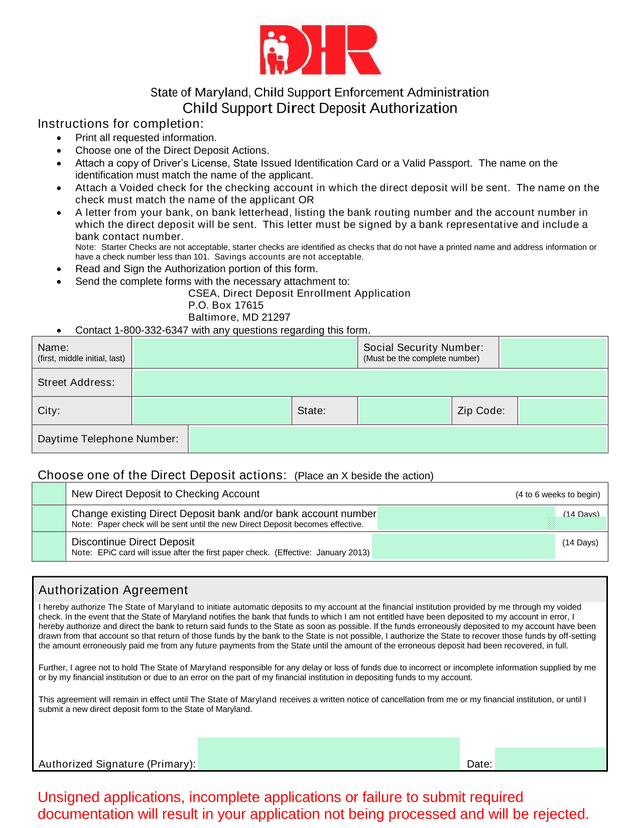 Child Support Direct Deposit Authorization screenshot