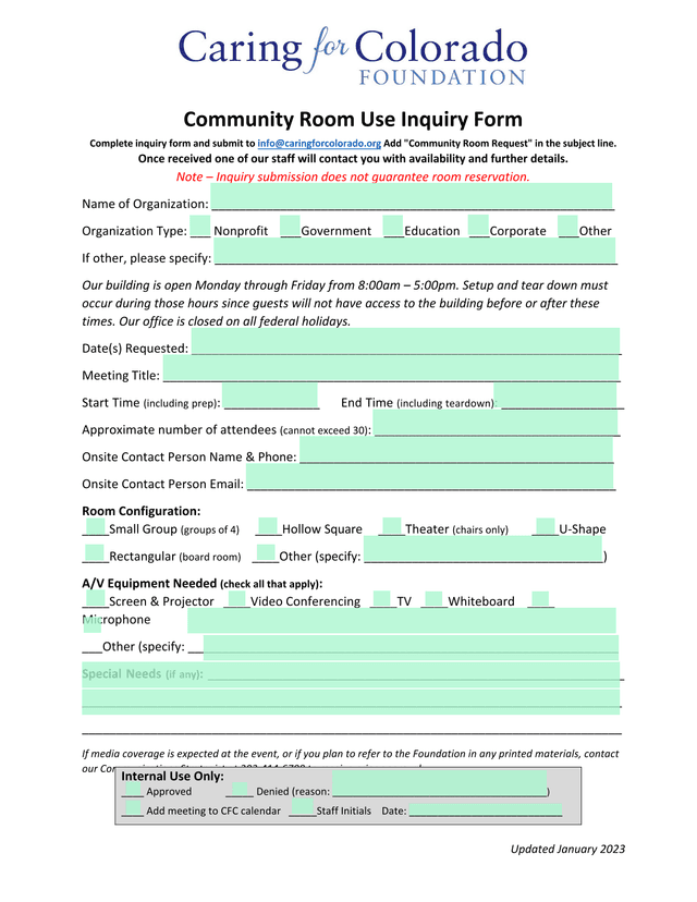 Community Room Use Inquiry Form screenshot