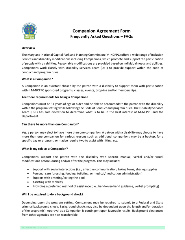 Companion Agreement Form Frequently Asked Questions  FAQs screenshot