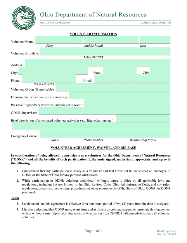 ODNR Volunteer Information screenshot