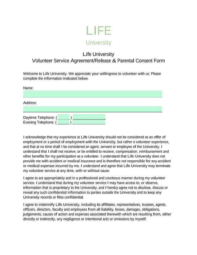Life University Volunteer Service AgreementRelease  Parental Consent Form screenshot