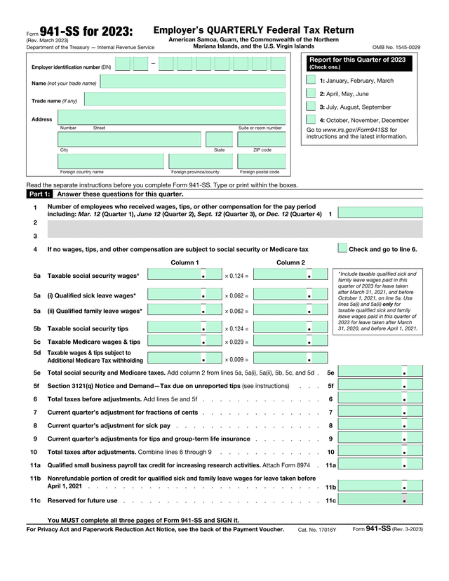 Form 941 SS For 2023 screenshot