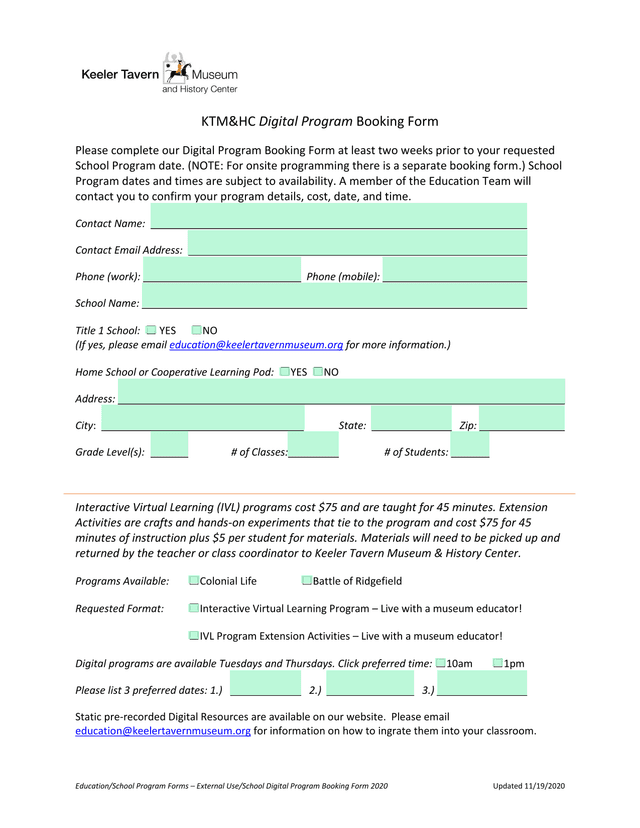 School Digital Program Booking Form 2020 screenshot
