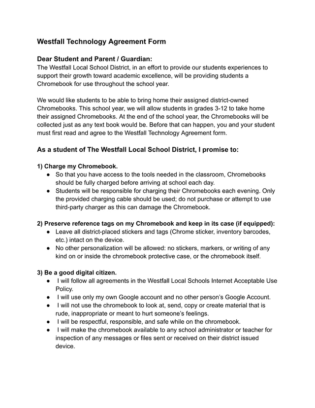 Westfall Technology Agreement Form screenshot