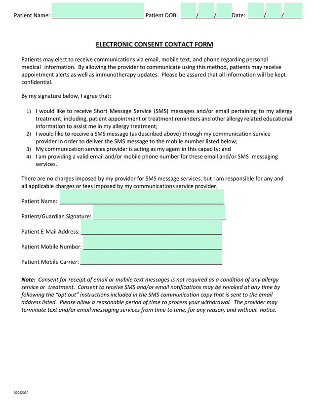 Electronic Consent Contact Form screenshot