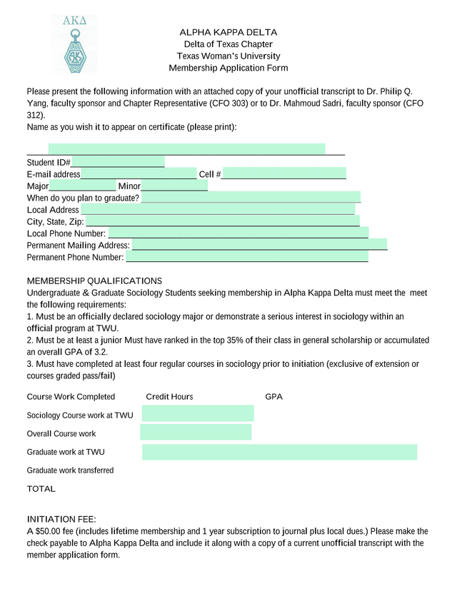 Alpha Kappa Delta Membership Application Form screenshot