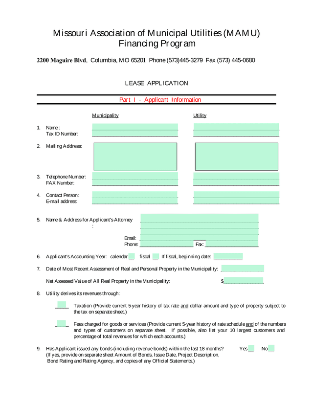 Missouri Association Of Municipal Utilities (MAMU) Lease Application screenshot