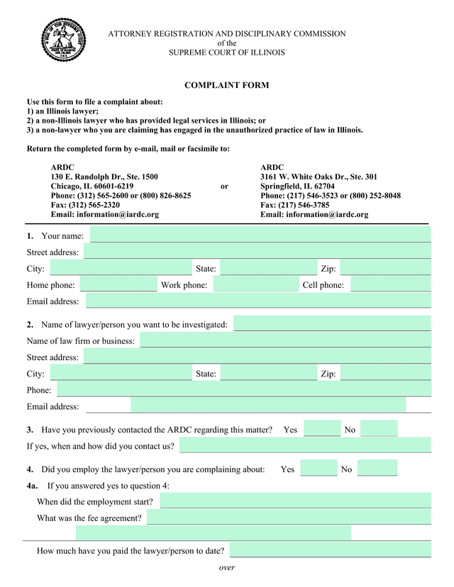 Attorney Registration And Disciplinary Commission Complaint Form screenshot
