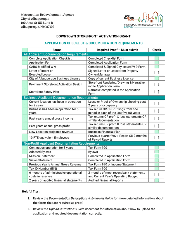 Downtown Storefront Activation Grant Application Checklist  Documentation Requirements screenshot