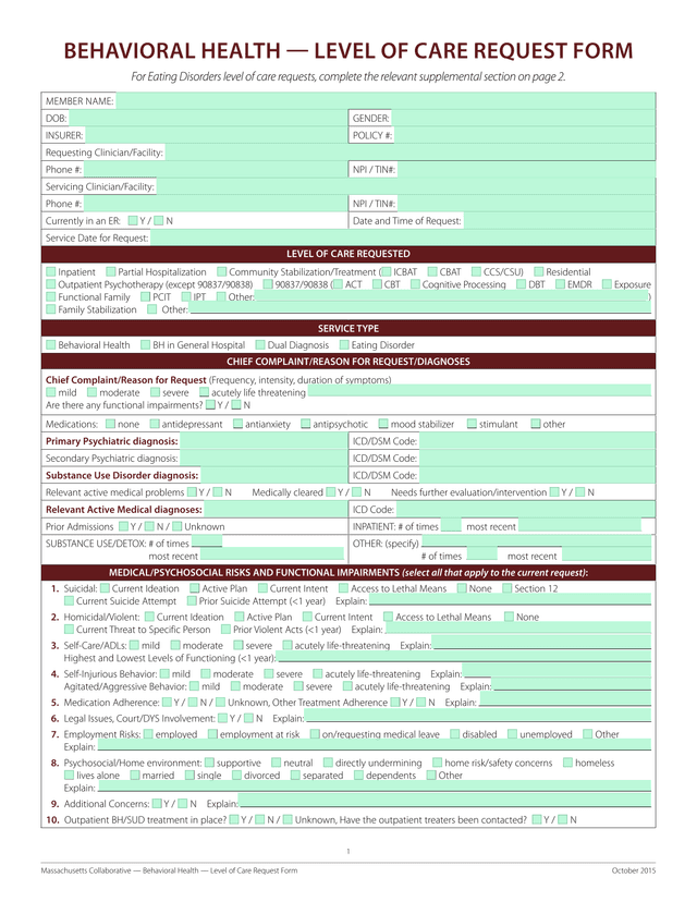 Massachusetts Collaborative  Behavioral Health  Level Of Care Request Form screenshot