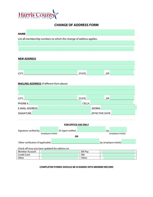 Change Of Address Form screenshot