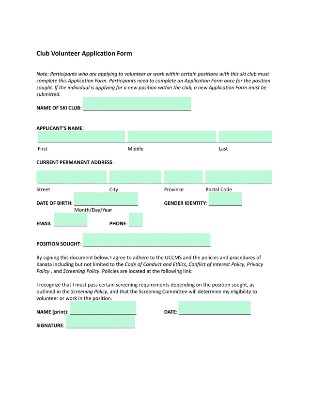 Club Volunteer Application Form screenshot