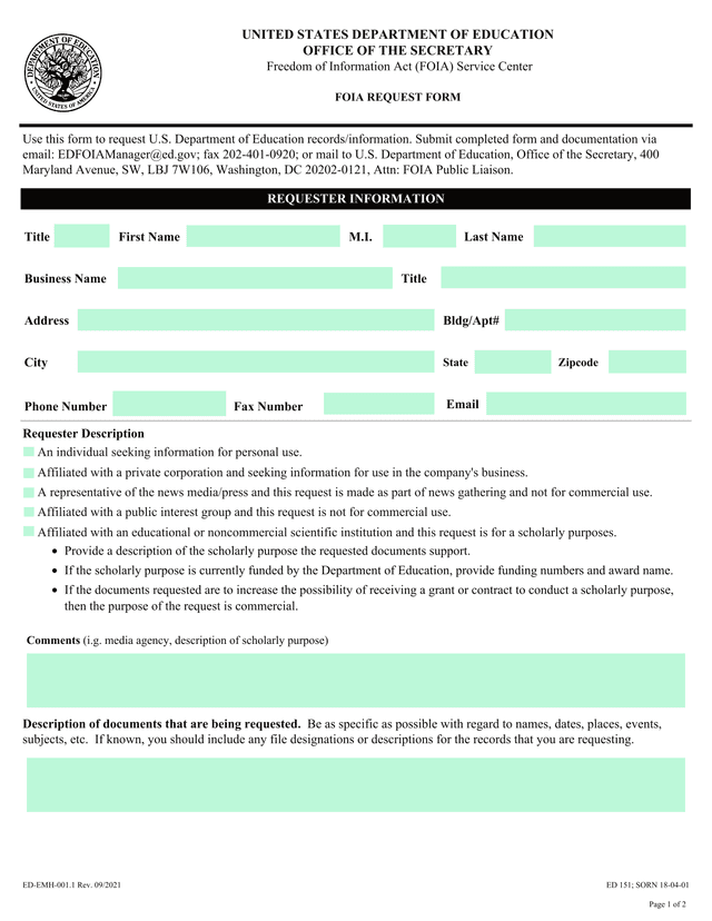 FOIA REQUEST FORM screenshot