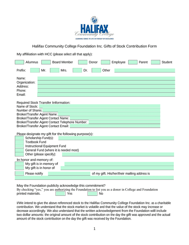Halifax Community College Foundation Inc. Gifts Of Stock Contribution Form screenshot
