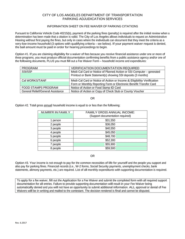 Information Sheet On Fee Waiver Of Parking Citations screenshot