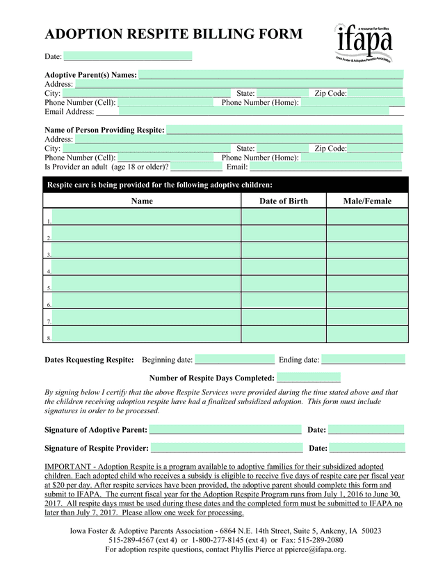 Adoption Respite Billing Form screenshot