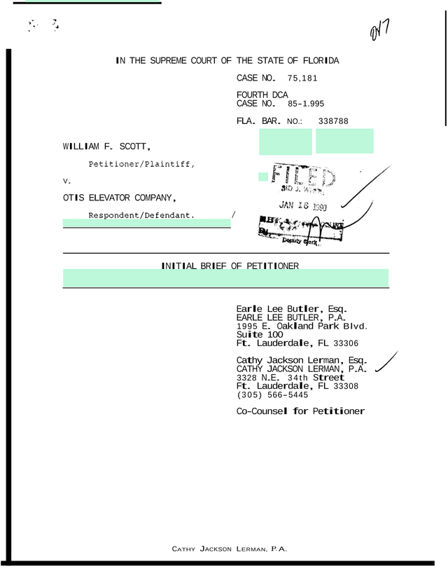 Initial Brief Of Petitioner   William F. Scott V. Otis Elevator Company screenshot