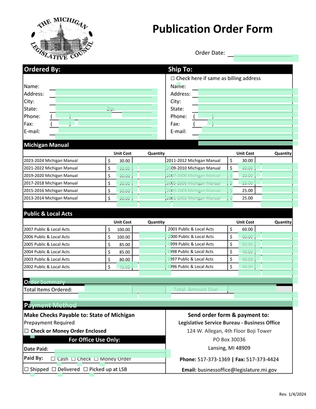Michigan Manual Order Form screenshot