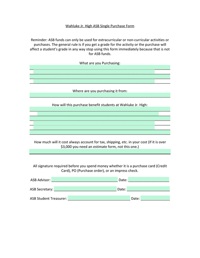 Wahluke Jr. High ASB Single Purchase Form screenshot
