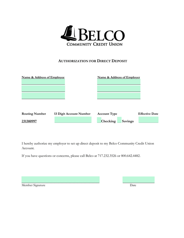 AUTHORIZATION FOR DIRECT DEPOSIT screenshot