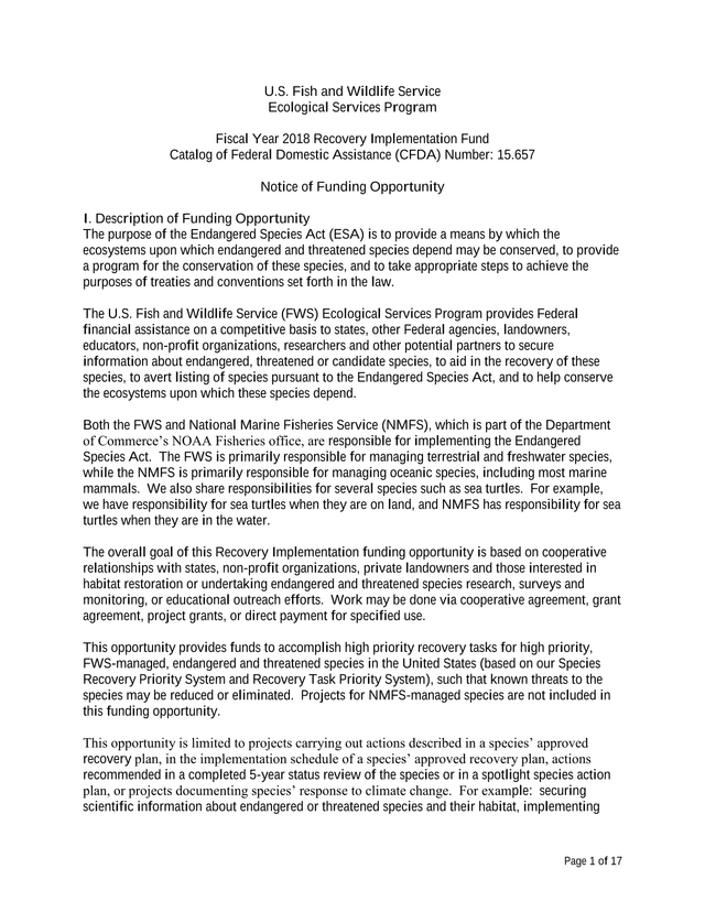 Fiscal Year 2018 Recovery Implementation Fund Notice Of Funding Opportunity screenshot