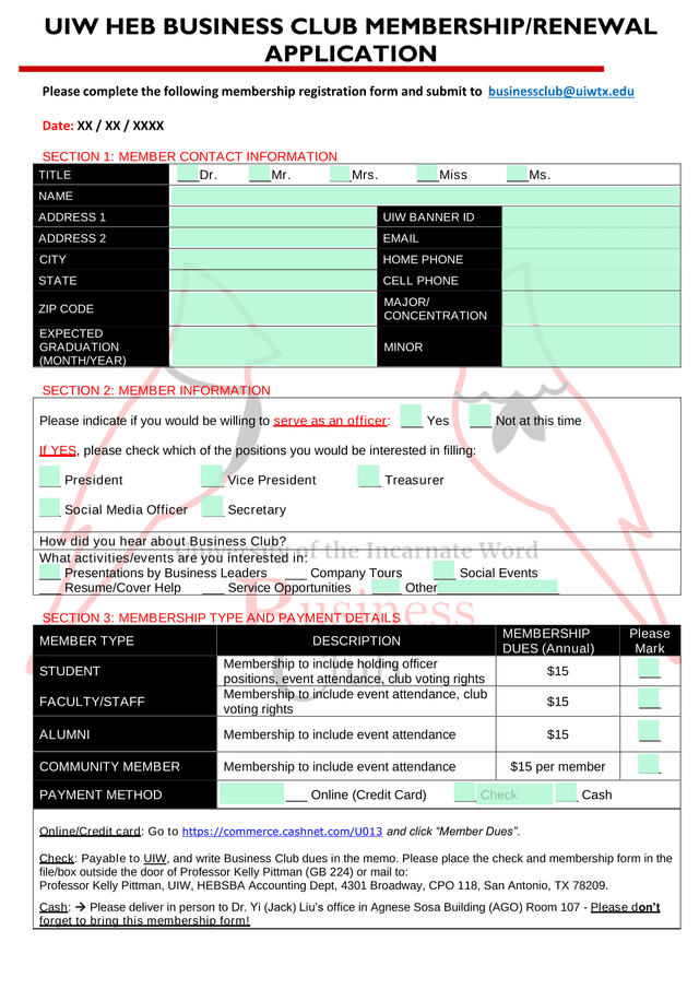 Business Club Membership Registration Form screenshot