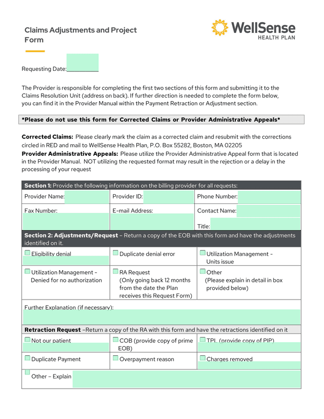 Claims Adjustments And Project Form screenshot