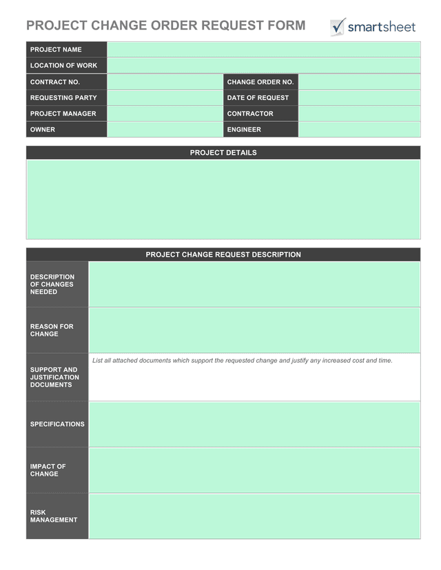 Project Change Order Request Form screenshot