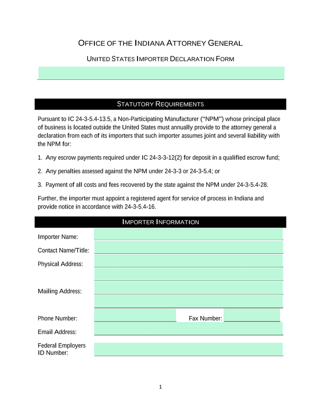 United States Importer Declaration Form screenshot