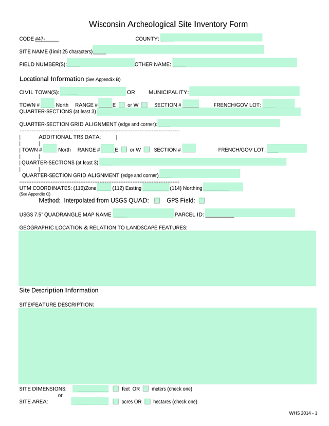 Wisconsin Archeological Site Inventory Form screenshot