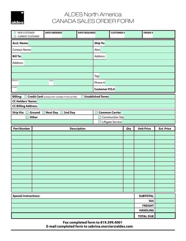 ALDES North America Canada Sales Order Form screenshot