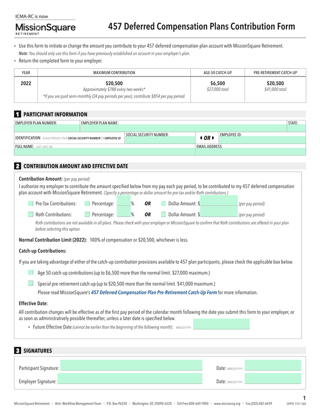 457 Deferred Compensation Plans Contribution Form screenshot