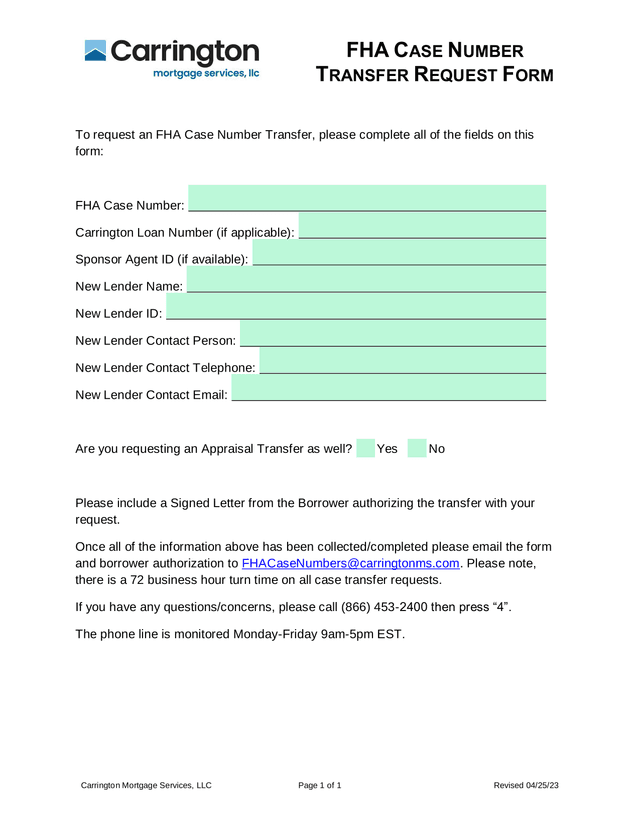 FHA CASE NUMBER TRANSFER REQUEST FORM screenshot