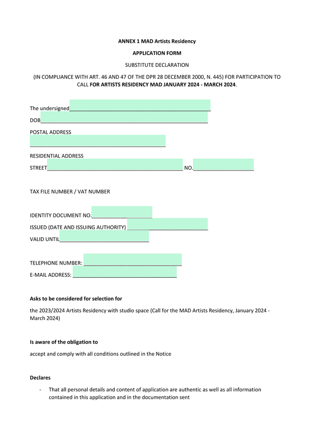 MAD Artists Residency Application Form screenshot