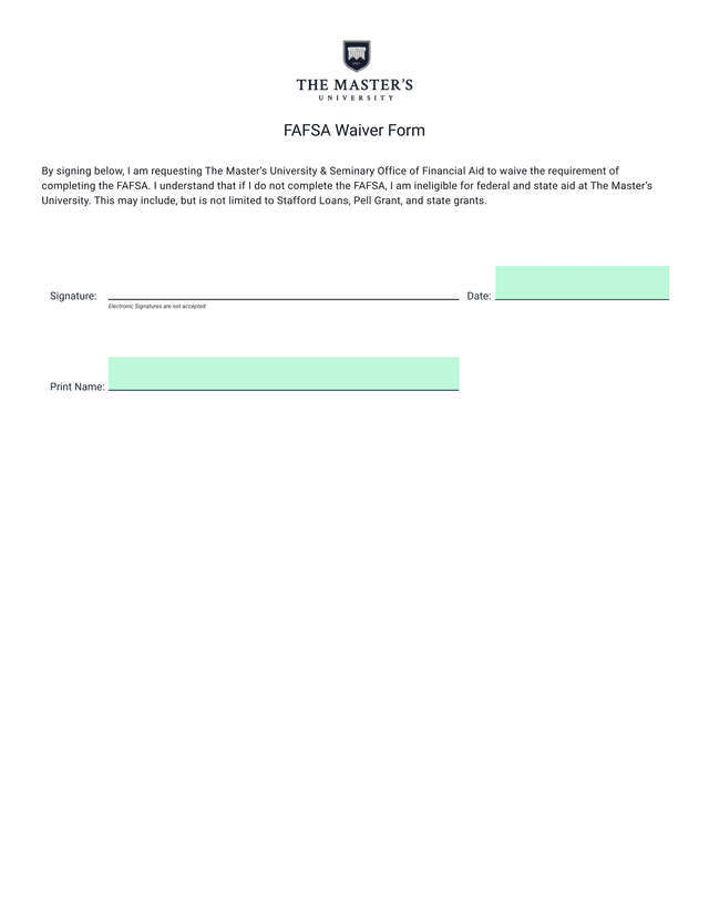 FAFSA Waiver Form screenshot