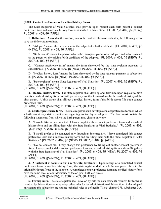 MRS Title 22, 2769. CONTACT PREFERENCE AND MEDICAL HISTORY FORMS screenshot