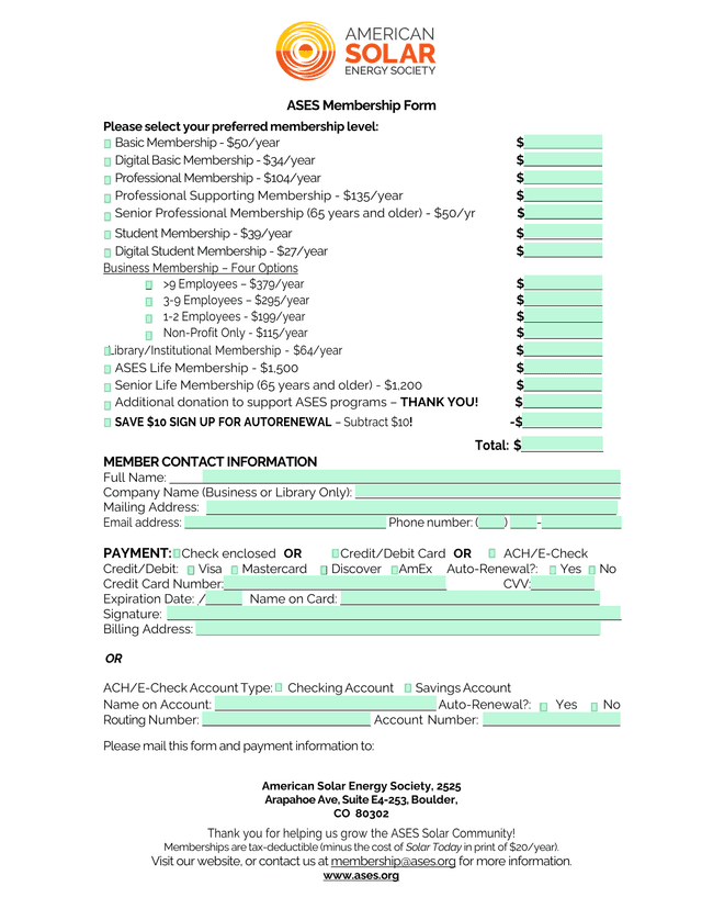 ASES Membership Form screenshot